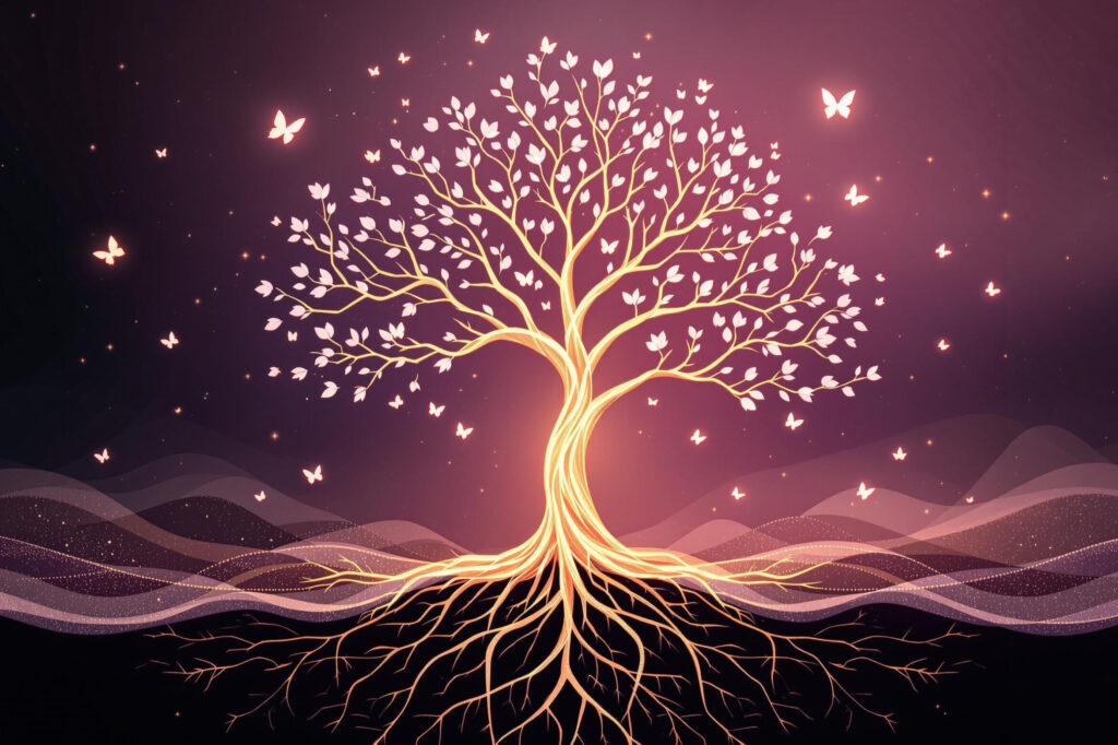 a tree with roots and butterflies