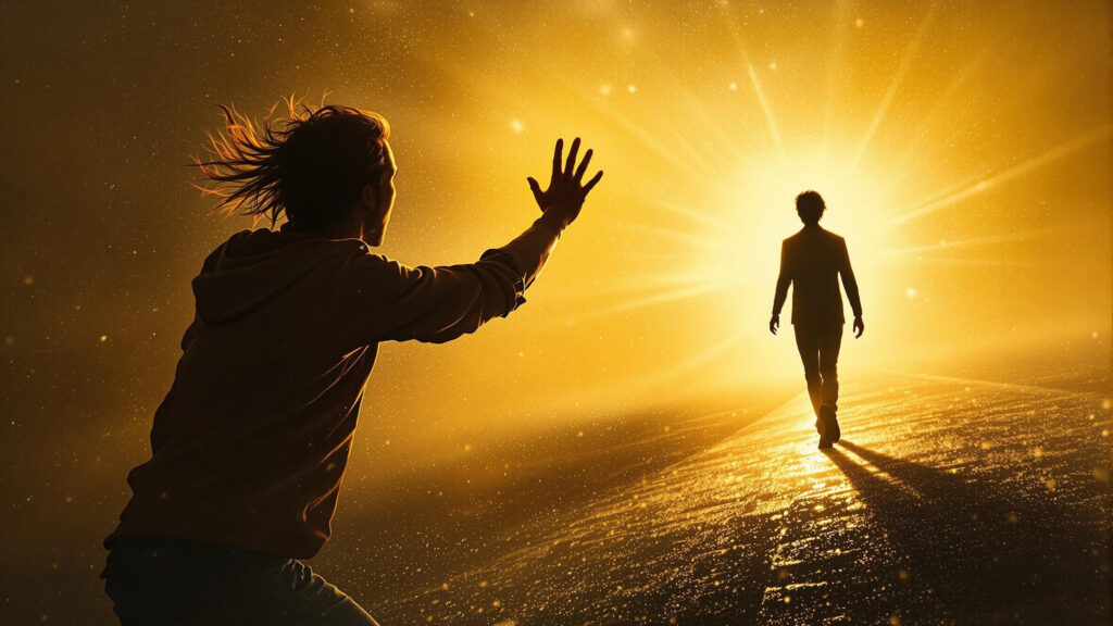 a person running towards a person in the sun