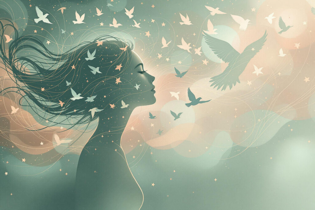 a woman with birds flying in the air