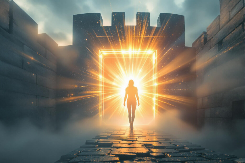 a person walking towards a light in the doorway