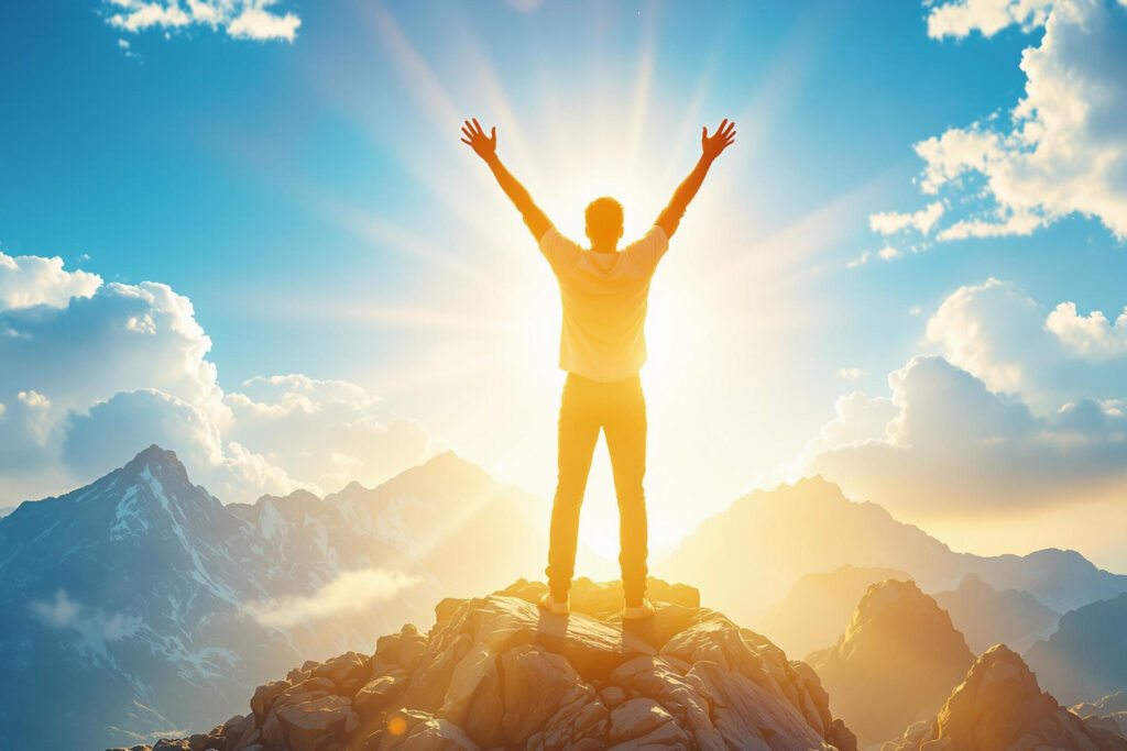 a man standing on a mountain with his arms raised