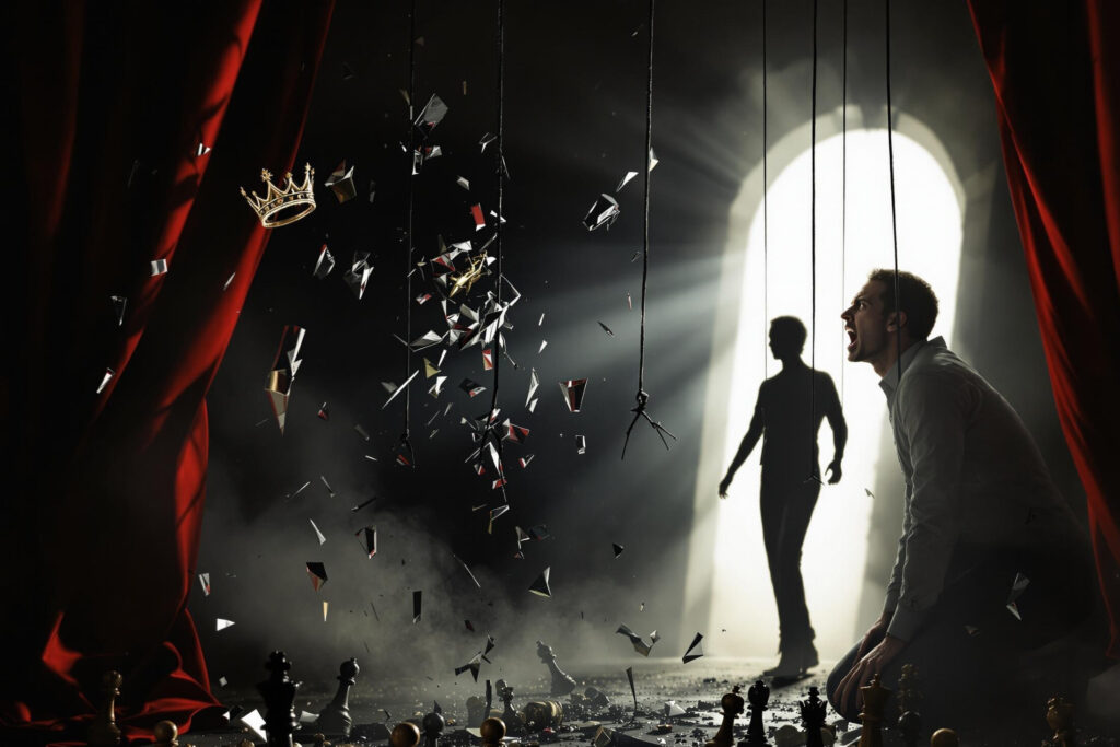 a man looking at a man in a room with a curtain and a crown