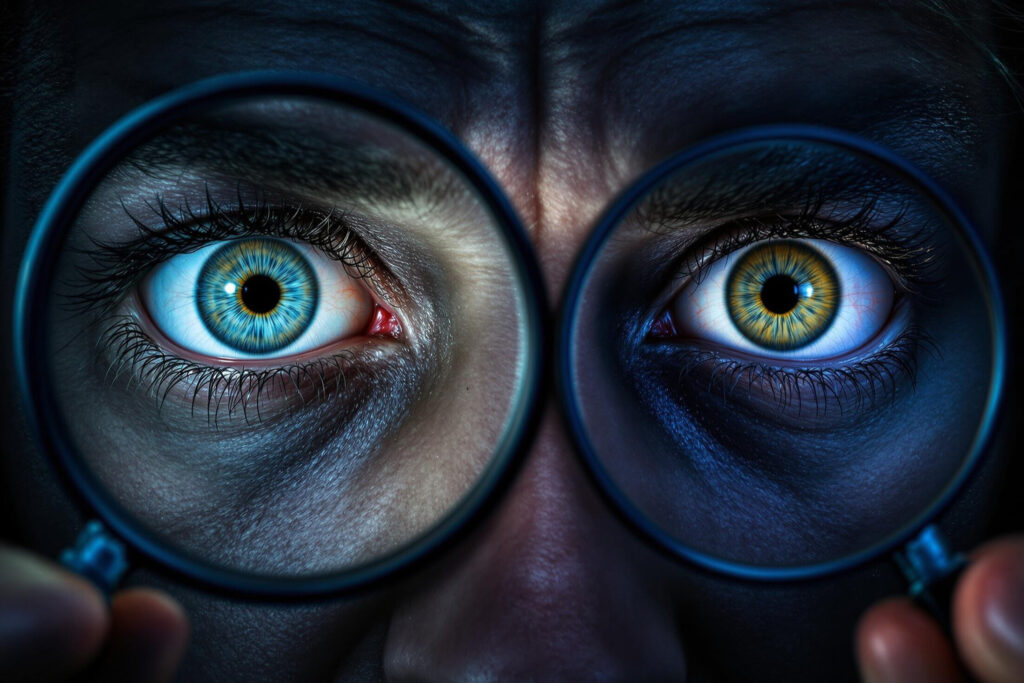 a close up of a person's eyes looking through a magnifying glass