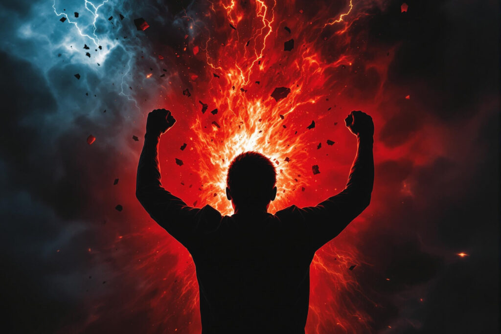 a person raising their arms up in front of a fire explosion