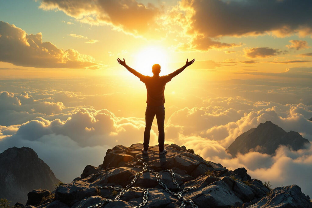 a person standing on a mountain with arms raised