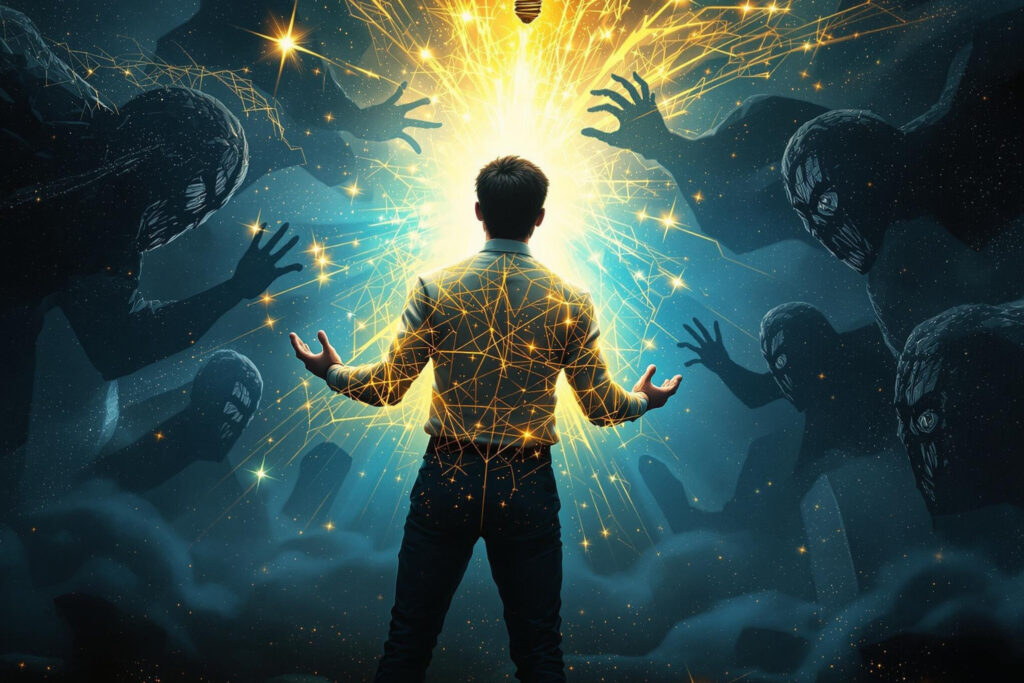 a man standing in front of a glowing light