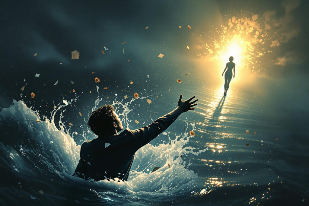 a man in water with arms outstretched reaching out to a woman in the background