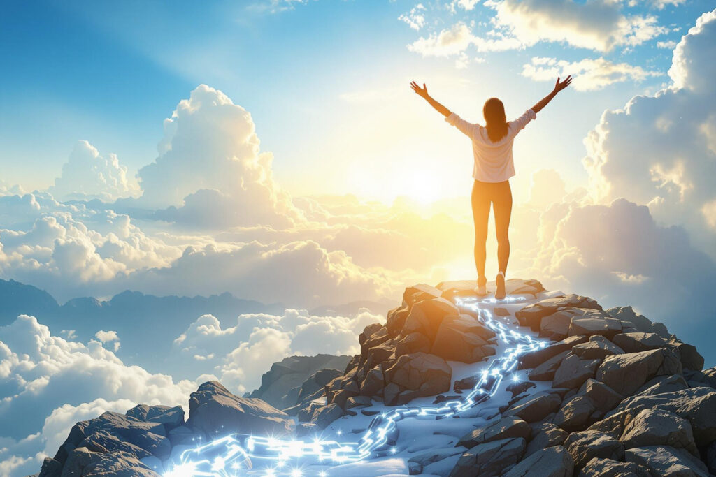 a woman standing on a mountain with her arms raised