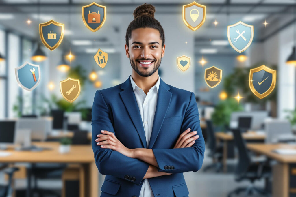Confident professional surrounded by protective shield symbols in office setting, representing comprehensive workplace survival strategies against narcissistic manipulation and toxic behavior
