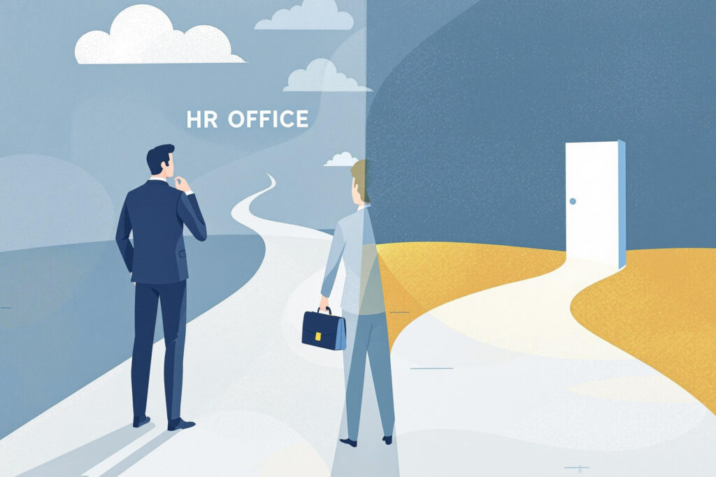 Professional at career crossroads with HR office door and exit opportunity paths, representing critical workplace decisions when dealing with narcissistic colleagues and toxic work environments