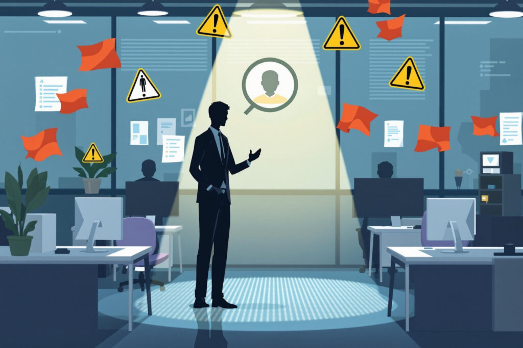 Office scene showing warning signs and red flags around shadowy business figure, illustrating how to identify narcissistic behavior patterns in professional workplace settings