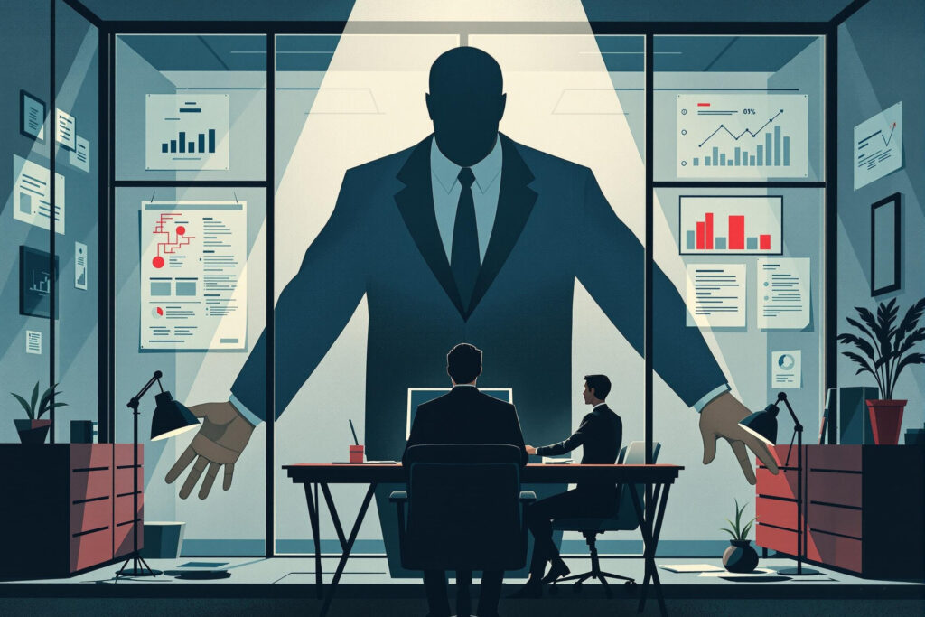 Workplace hierarchy showing imposing boss figure casting shadow over employee, illustrating power dynamics and challenges of dealing with narcissistic leadership in professional settings