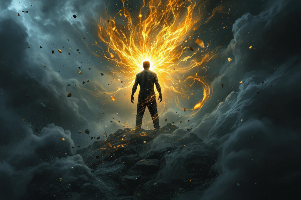 a man standing on a mountain with a fiery head