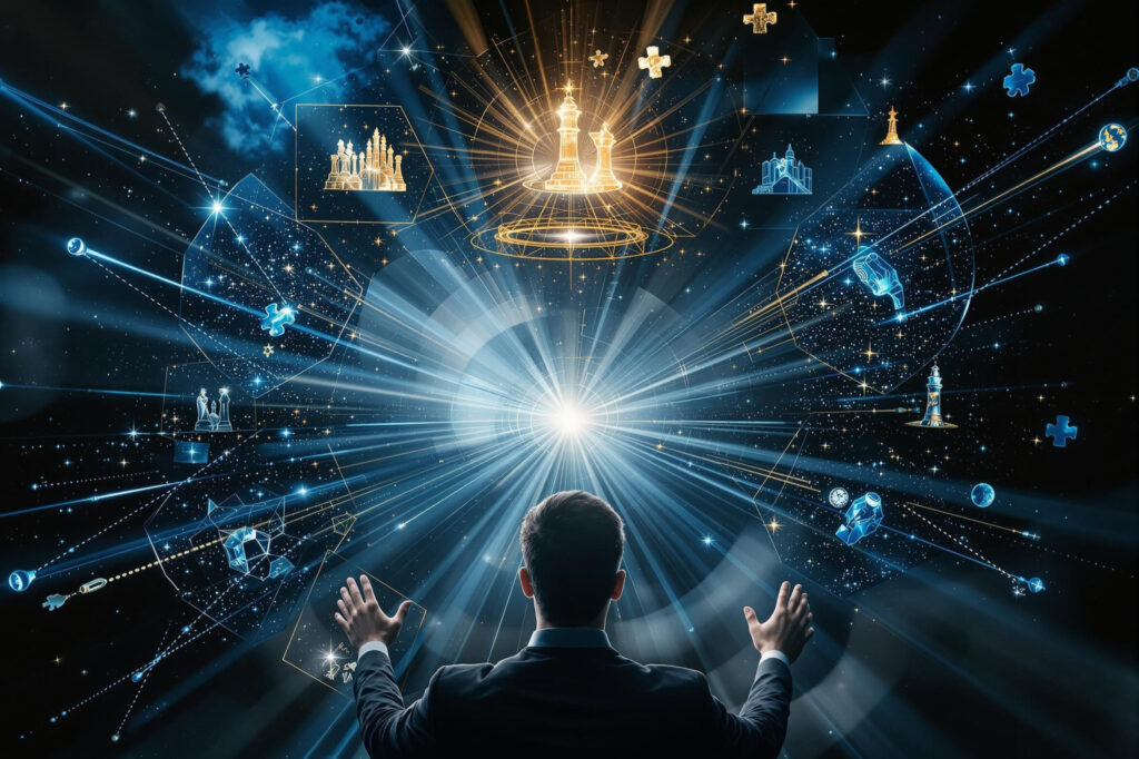 a man in a suit looking at a glowing light