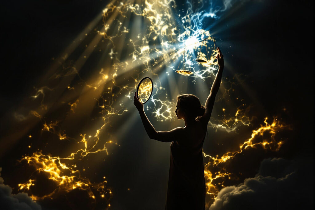 a woman holding a mirror and a light beam
