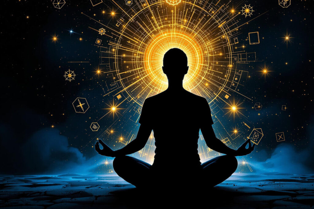 a person sitting in front of a glowing circle