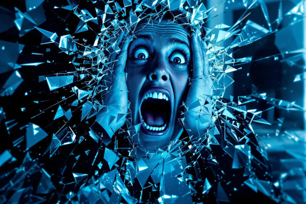 a woman looking through a broken glass