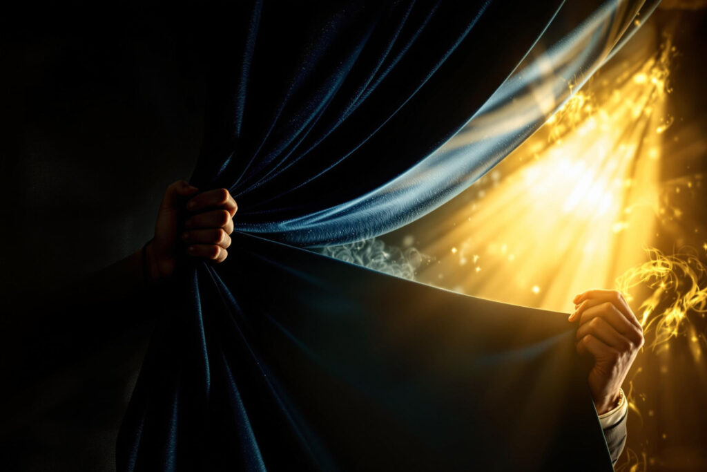 hands holding a blue curtain