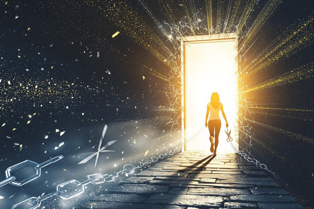 a woman walking towards a door