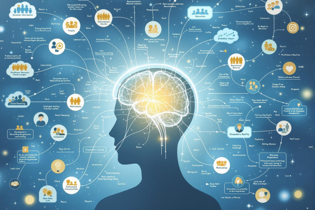 a person's head with a brain and many icons