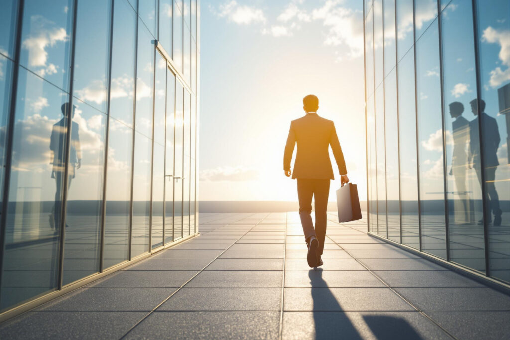 Empowered professional walking confidently from office building toward bright horizon, symbolizing career protection and workplace empowerment after implementing narcissist survival strategies
