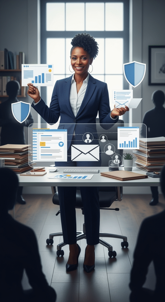 Professional woman confidently setting workplace boundaries 