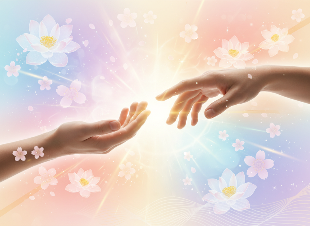 Hands reaching towards a glowing light.