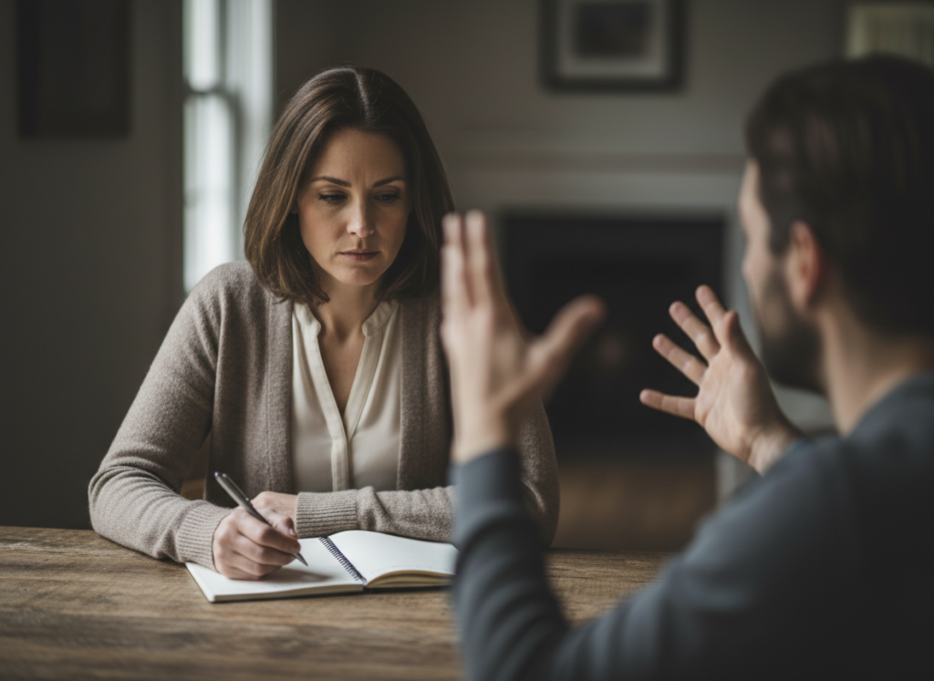 Two people engaged in conversation.