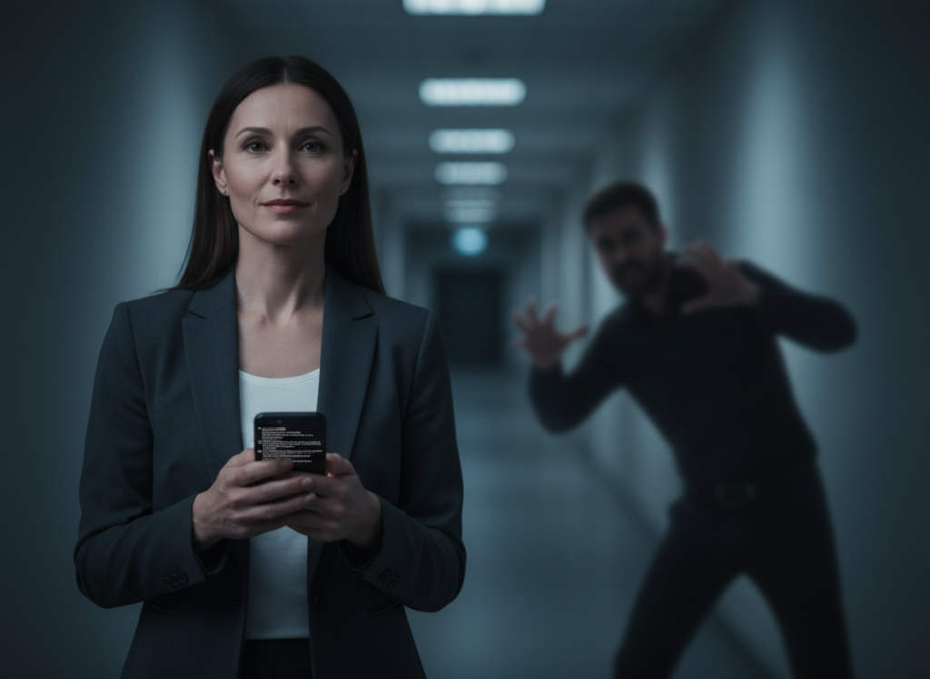 Woman in hallway with phone.