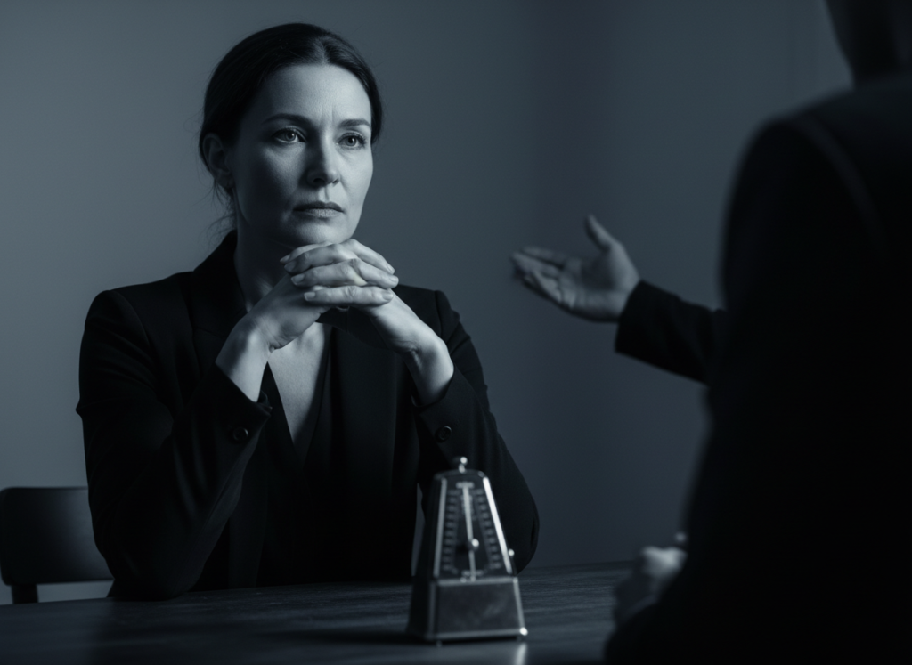 Two people in a serious discussion.