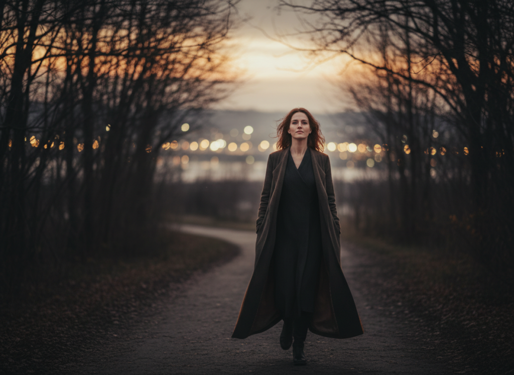 Person walking on a path at dusk.
