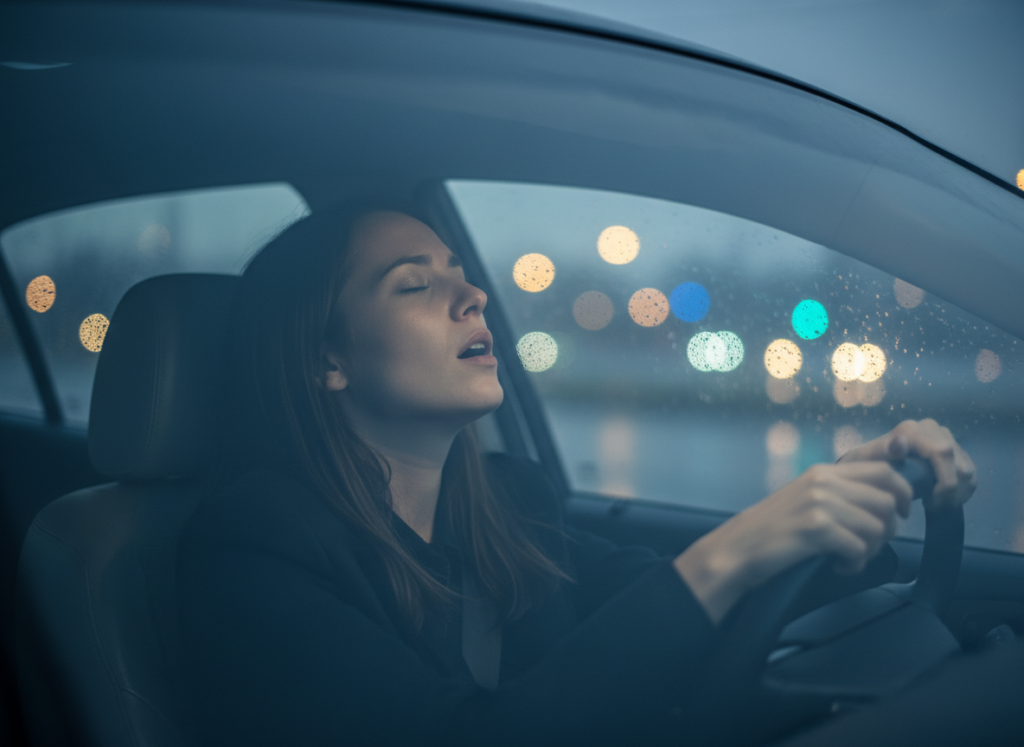 Person driving in rainy conditions.