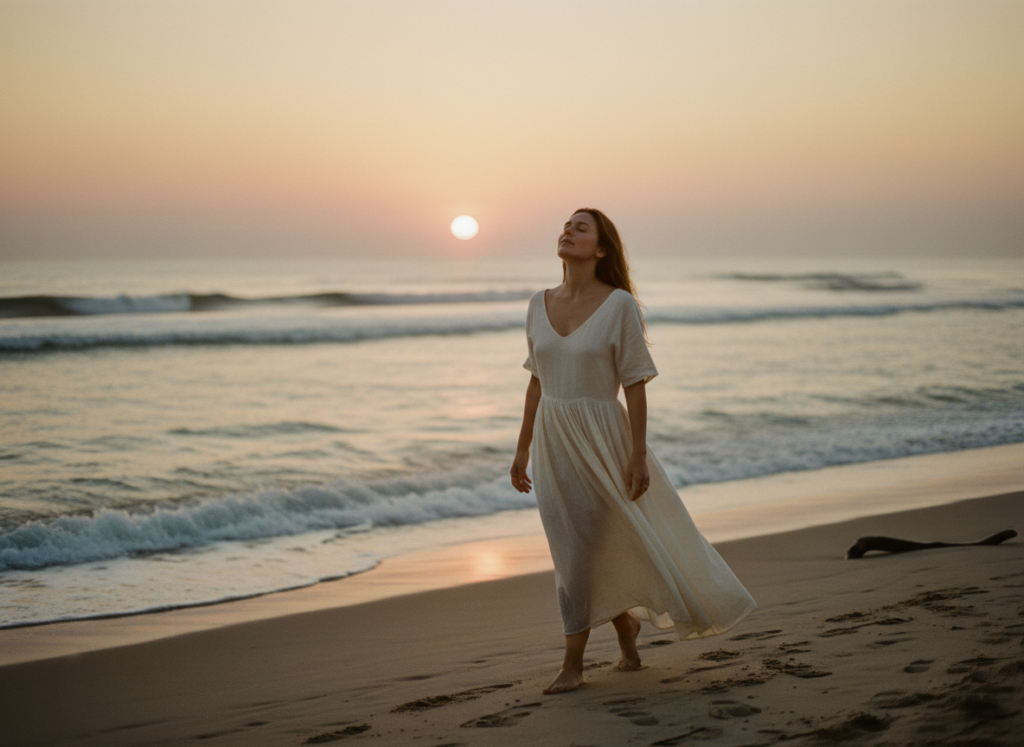 Woman walking on beach at sunset.
