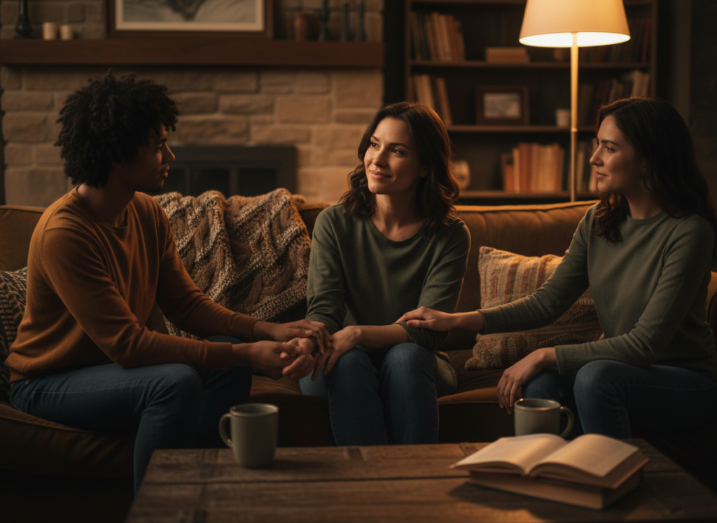 Three people sharing a supportive moment.