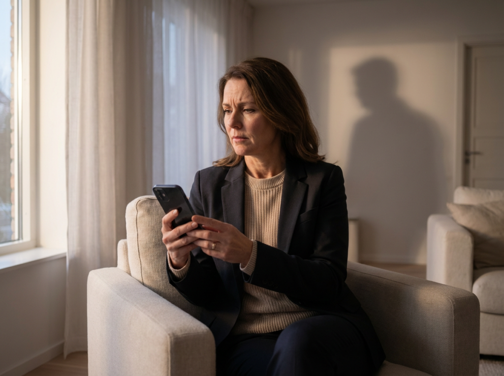 Person sitting, using smartphone indoors.