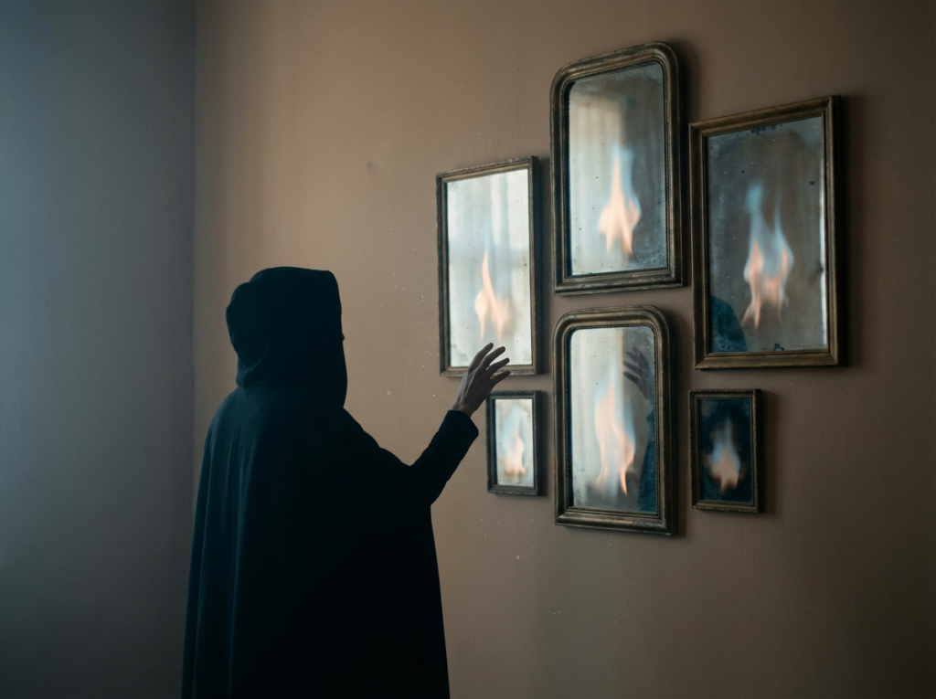 Person touching mirrors with flames reflected