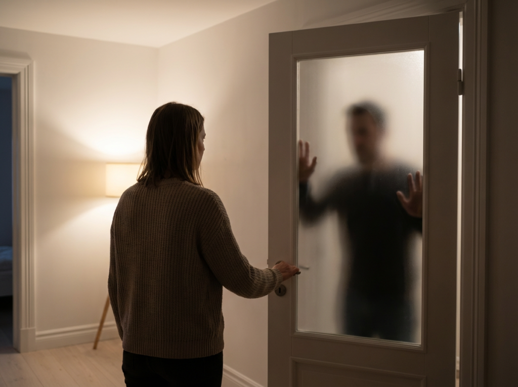 Person at door, unclear visibility.