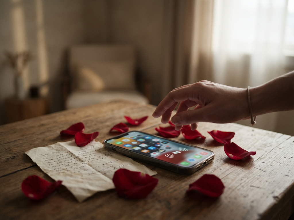 Phone surrounded by rose petals.
