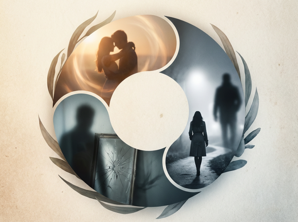 Love, loss, and mystery themes depicted.