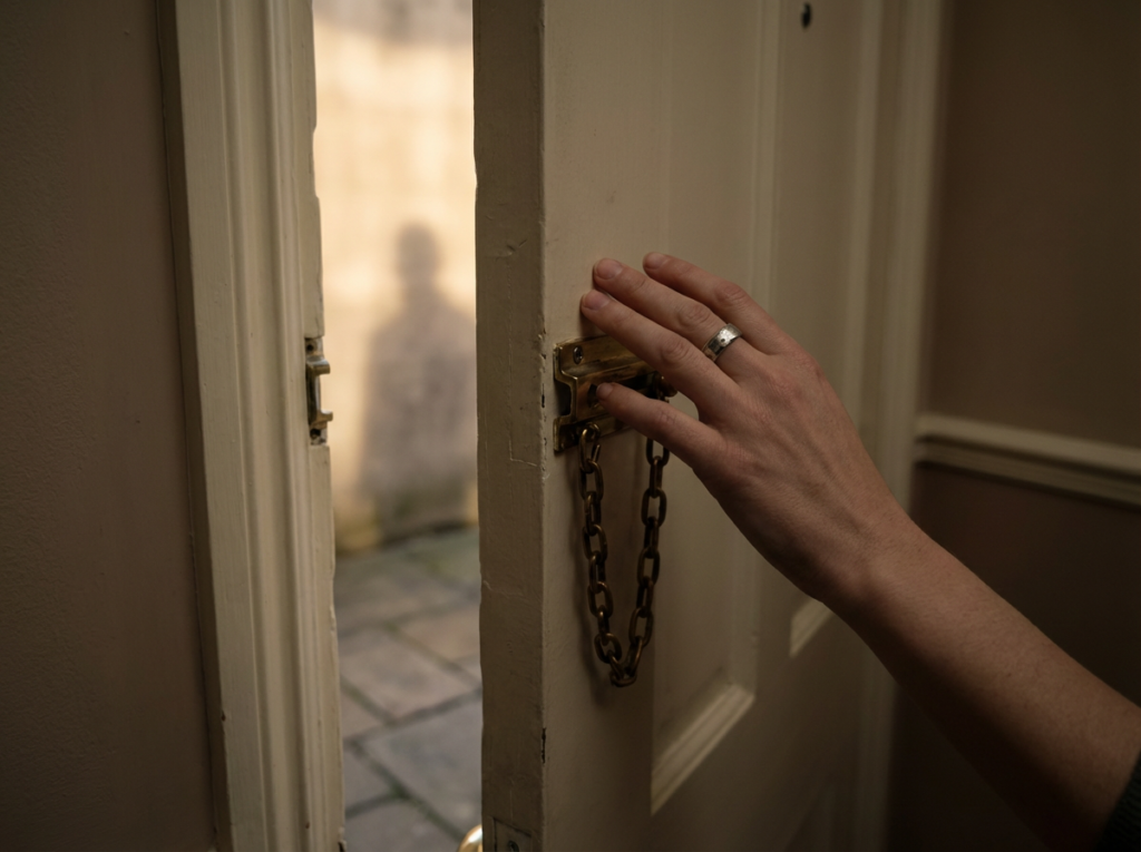 Hand opening door with chain