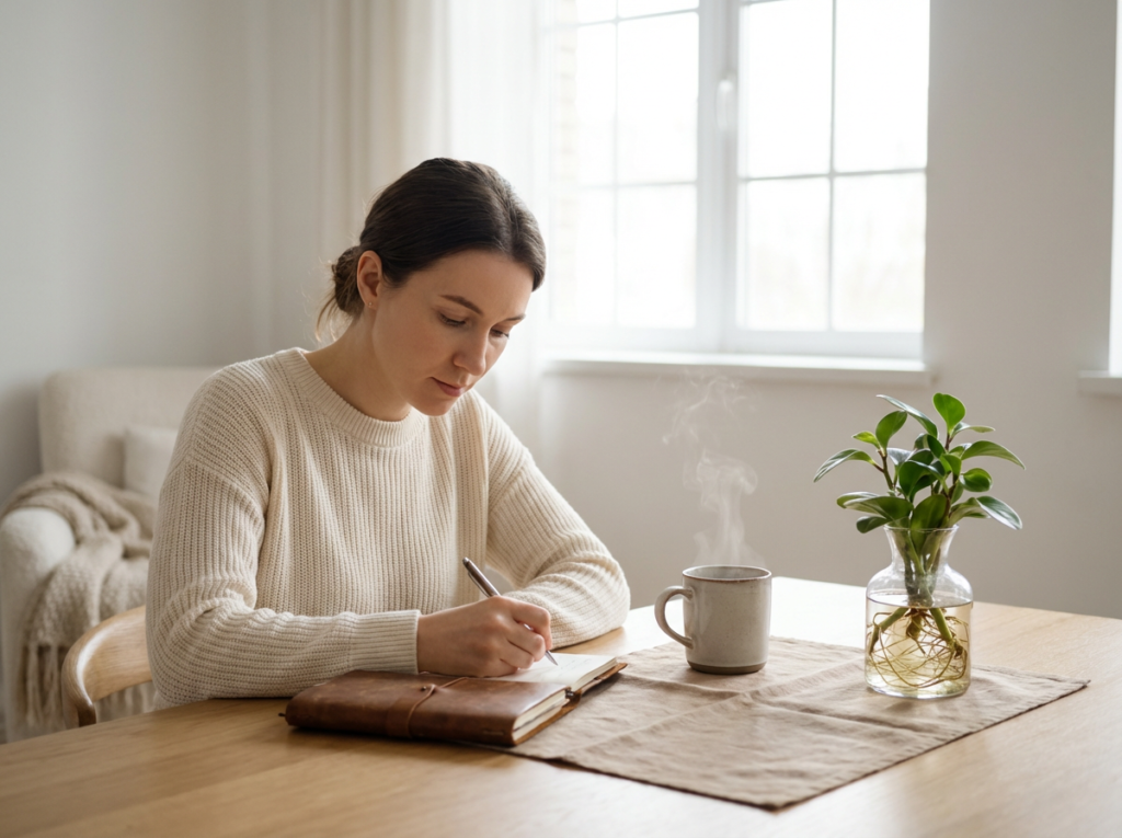Person writing with coffee and plant