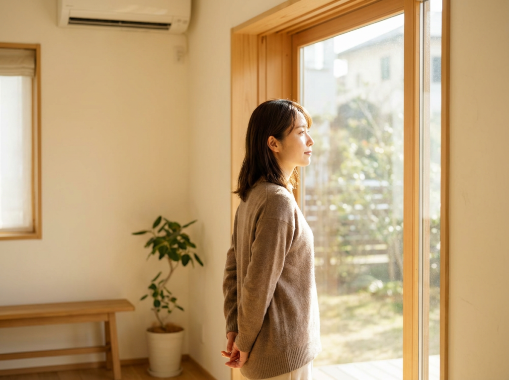 Woman gazing out window thoughtfully.