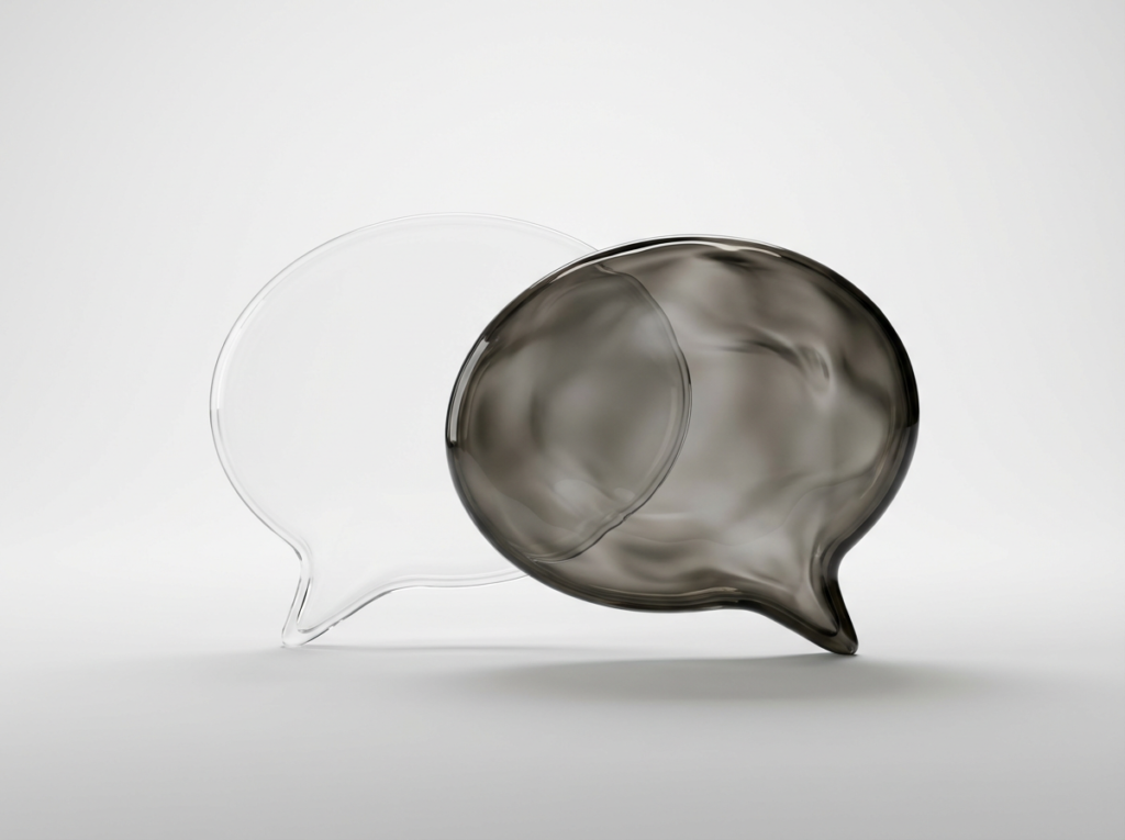 Two speech bubbles, one clear, one dark.