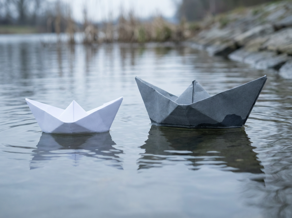 Two paper boats on calm water.
