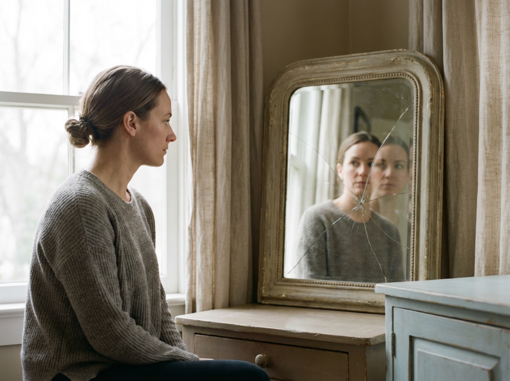 Person sitting near a cracked mirror.