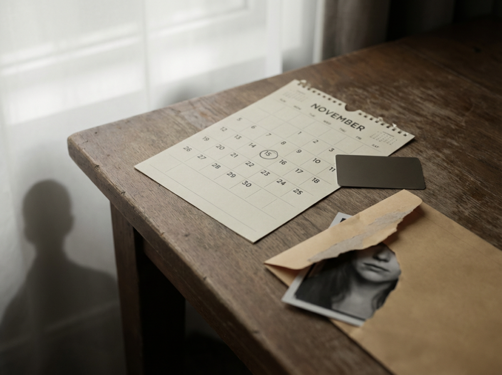 Calendar, envelope, photo on table.
