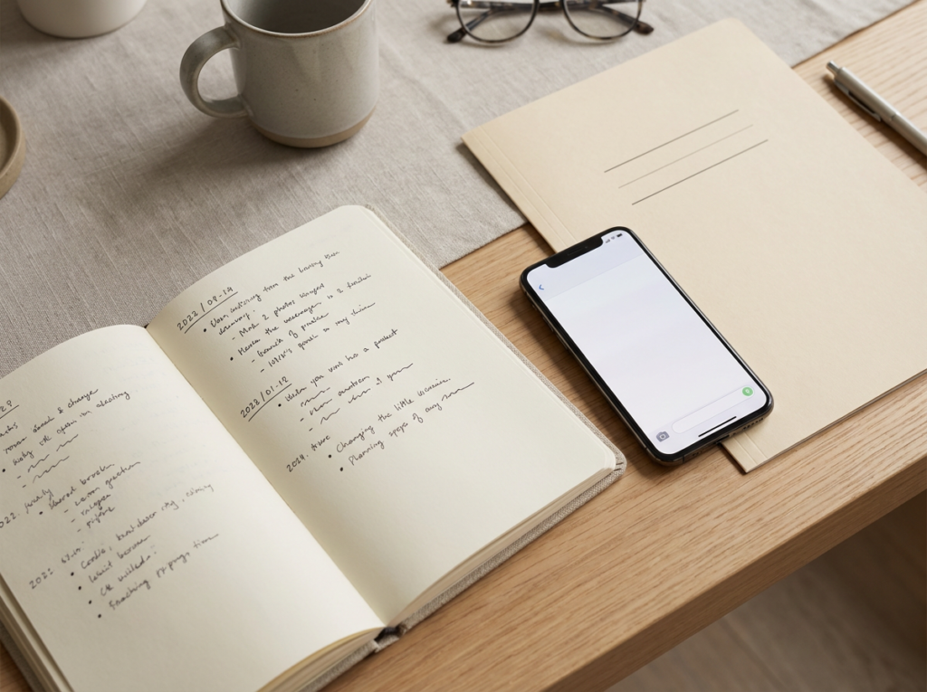 Notebook, phone, coffee, minimal workspace
