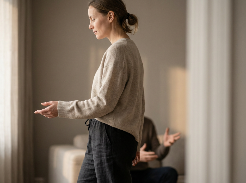 Casual indoor conversation between two people.