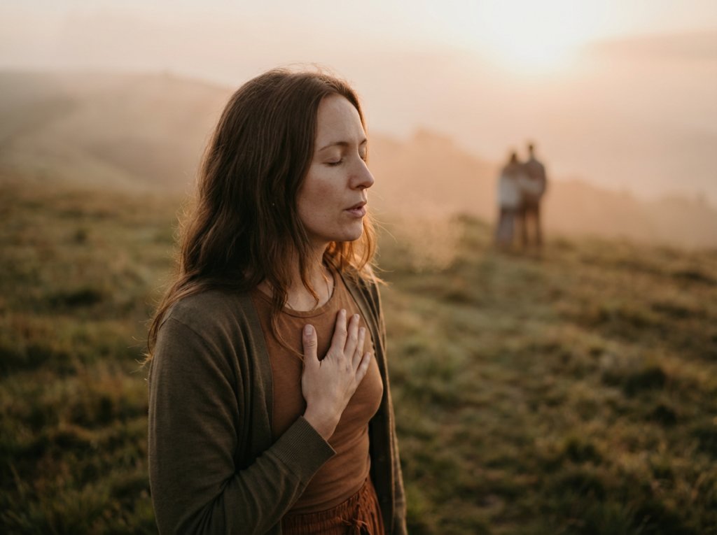 Person standing in a scenic landscape.