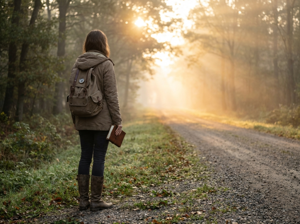 Person standing on a misty path